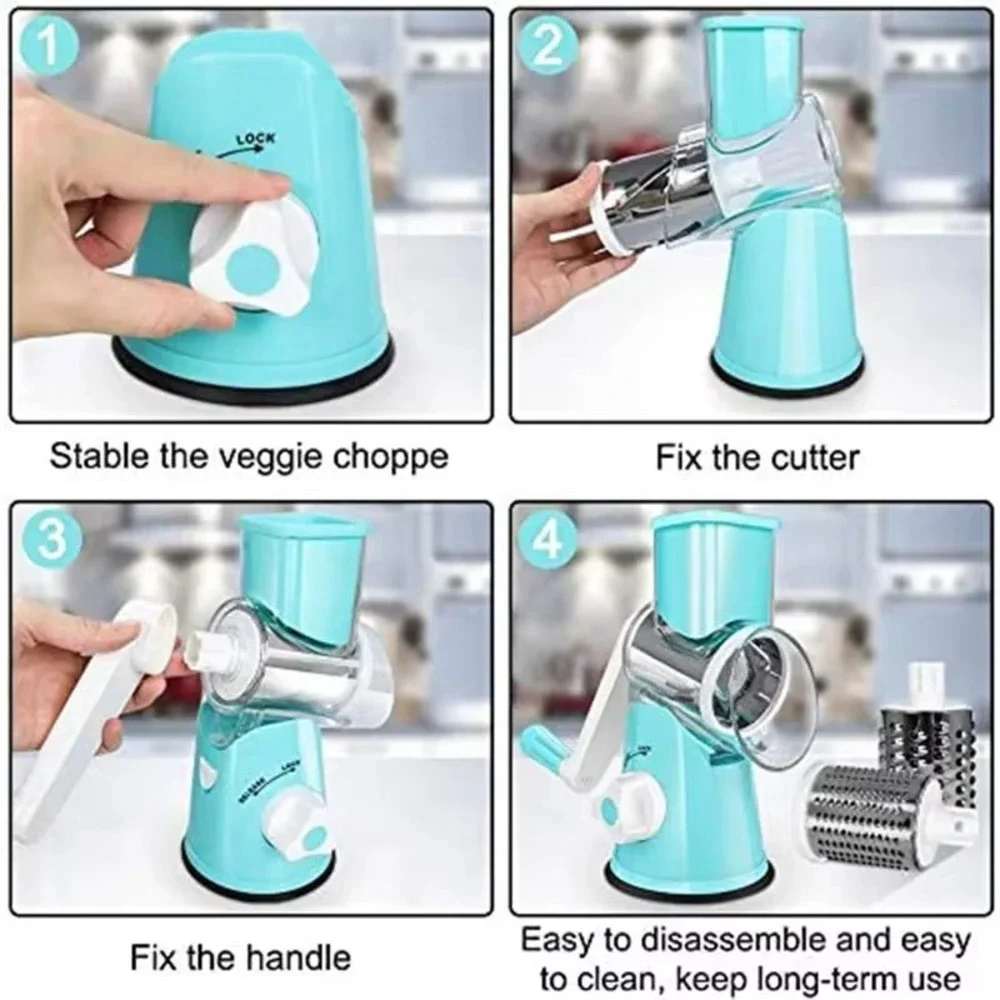 Manual Rotary Vegetable Cutter & Grater 3-Blade – Kitchen Food‎ Slicer, Green